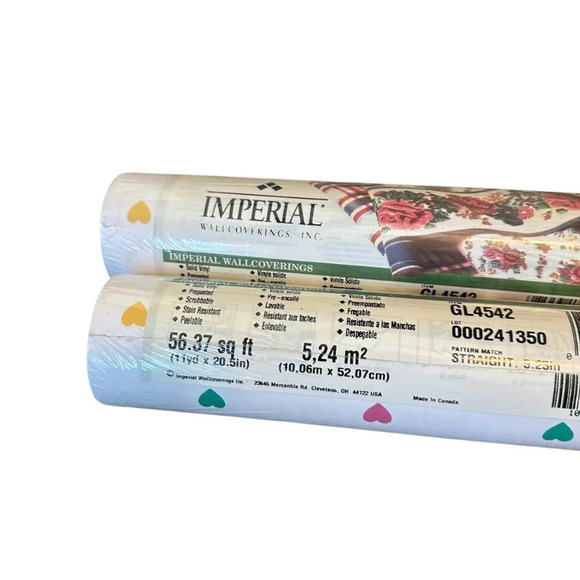 Imperial Wallpaper Vintage 1980's Heart Print Rare 33 Ft x 20.5 In 2 Rolls NEW - Picture 3 of 8
